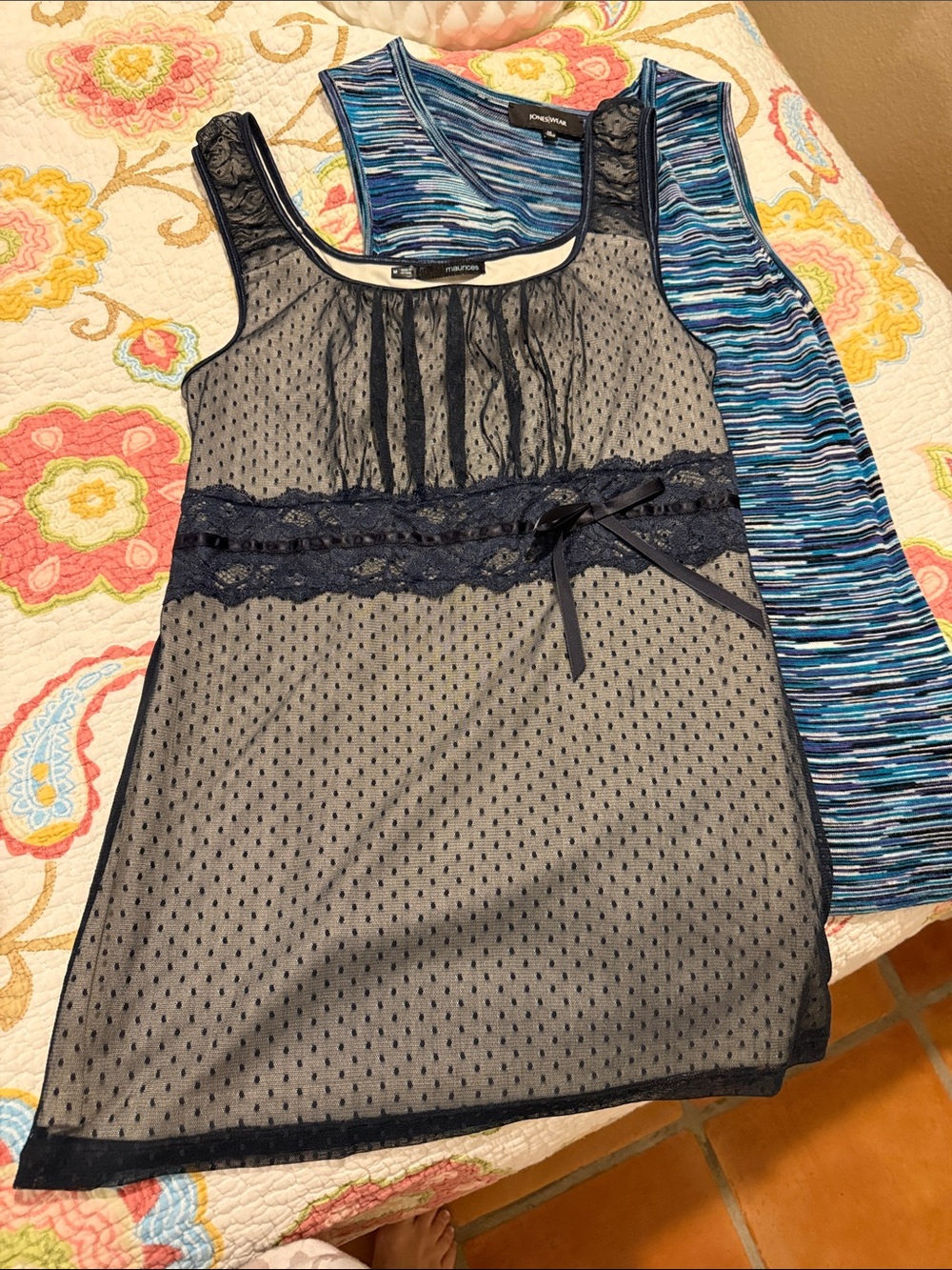 Maurices Navy Lace Overlay Tank with Blue Striped Inner Tank